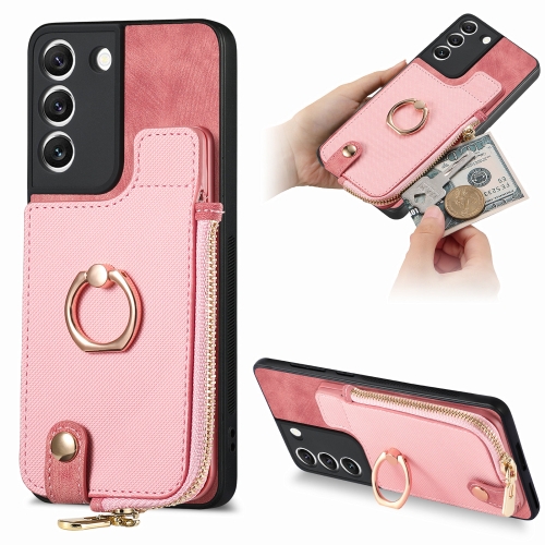 

For Samsung Galaxy S22+ 5G Cross Leather Ring Vertical Zipper Wallet Back Phone Case(Pink)