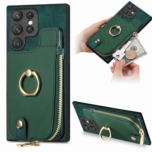 For Samsung Galaxy S22 Ultra 5G Cross Leather Ring Vertical Zipper Wallet Back Phone Case(Green) for samsung galaxy galaxy s23 5g brushed texture wallet ring holder phone case blue