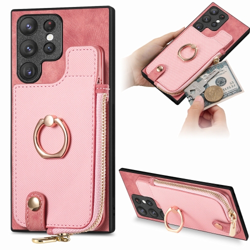 

For Samsung Galaxy S22 Ultra 5G Cross Leather Ring Vertical Zipper Wallet Back Phone Case(Pink)