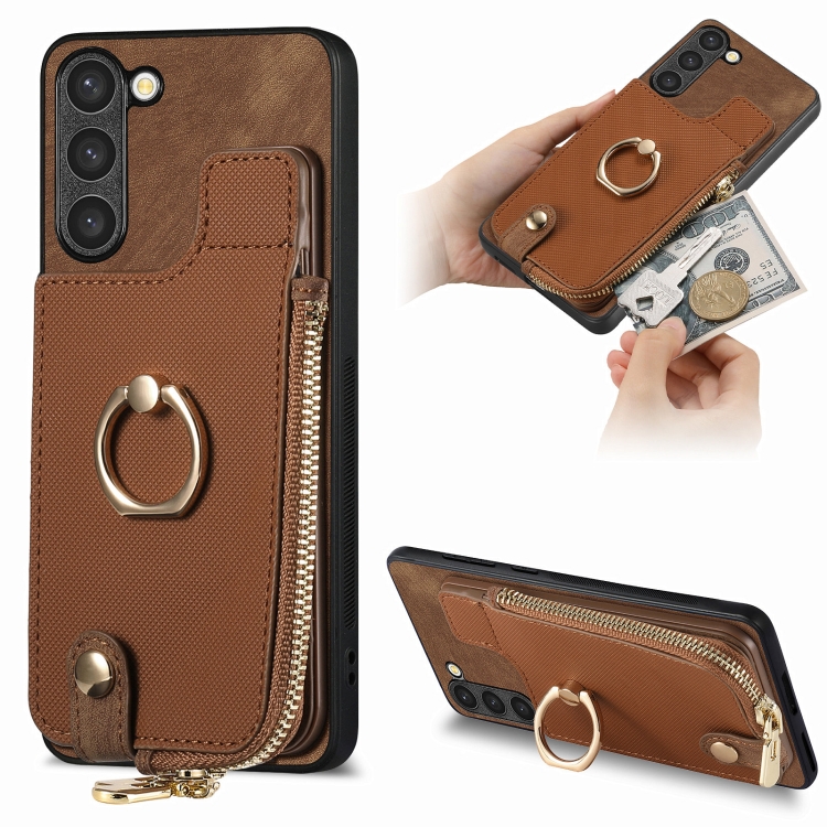 

For Samsung Galaxy S23+ 5G Cross Leather Ring Vertical Zipper Wallet Back Phone Case(Brown)