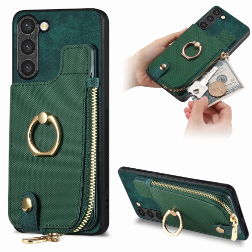

For Samsung Galaxy S23+ 5G Cross Leather Ring Vertical Zipper Wallet Back Phone Case(Green)