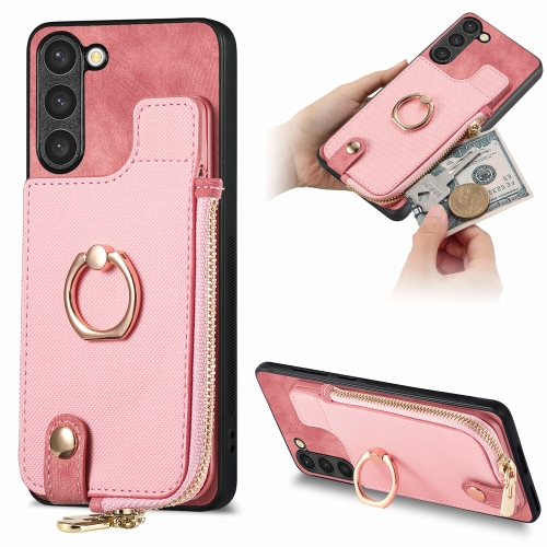 

For Samsung Galaxy S23+ 5G Cross Leather Ring Vertical Zipper Wallet Back Phone Case(Pink)