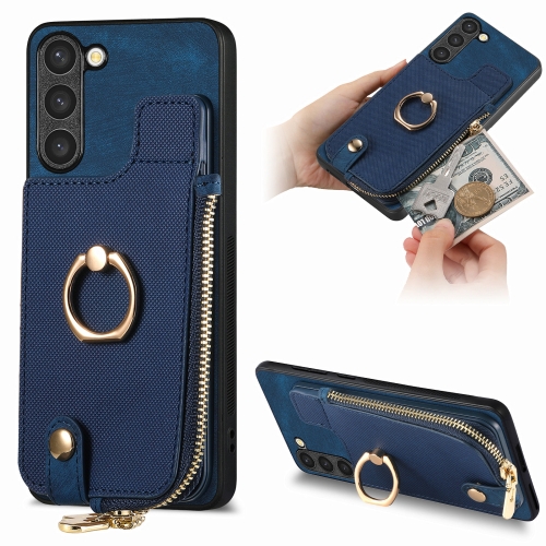 

For Samsung Galaxy S23+ 5G Cross Leather Ring Vertical Zipper Wallet Back Phone Case(Blue)