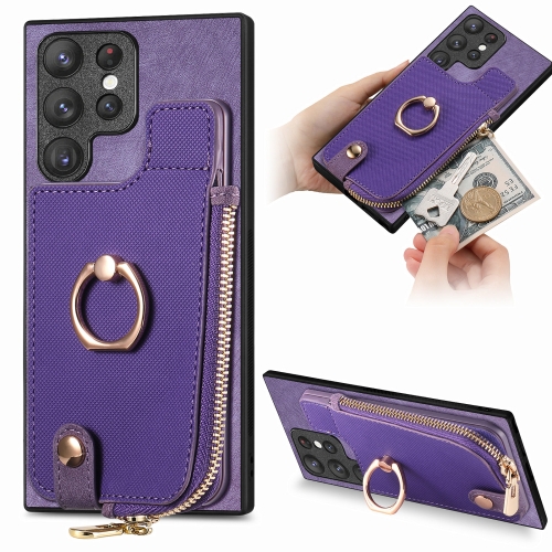 

For Samsung Galaxy S23 Ultra 5G Cross Leather Ring Vertical Zipper Wallet Back Phone Case(Purple)