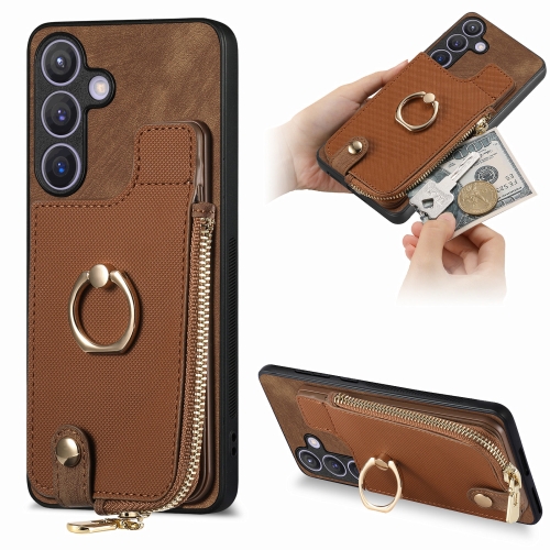 

For Samsung Galaxy S24 5G Cross Leather Ring Vertical Zipper Wallet Back Phone Case(Brown)