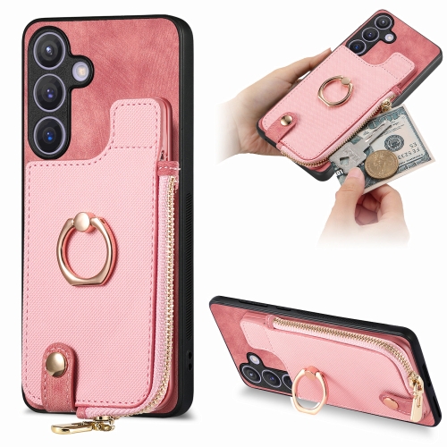 

For Samsung Galaxy S24 5G Cross Leather Ring Vertical Zipper Wallet Back Phone Case(Pink)