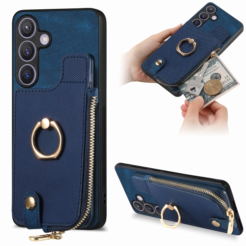 

For Samsung Galaxy S24+ 5G Cross Leather Ring Vertical Zipper Wallet Back Phone Case(Blue)