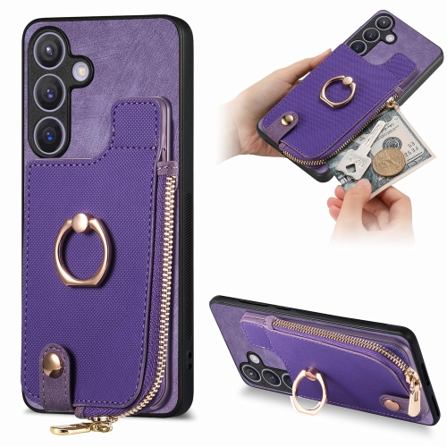 

For Samsung Galaxy S24+ 5G Cross Leather Ring Vertical Zipper Wallet Back Phone Case(Purple)