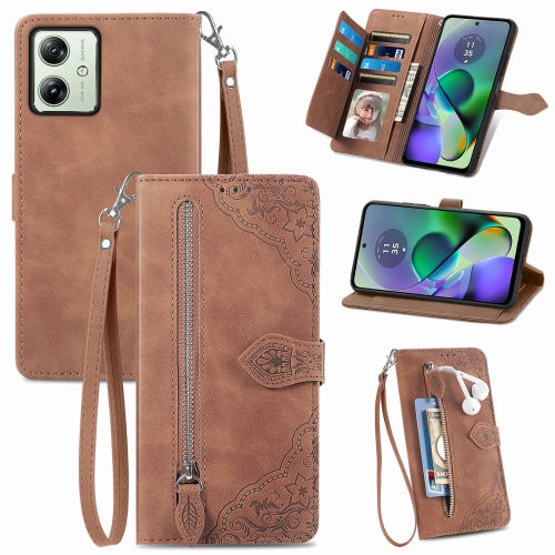 

For Motorola Moto G54 5G Embossed Flower Zipper Leather Phone Case(Brown)