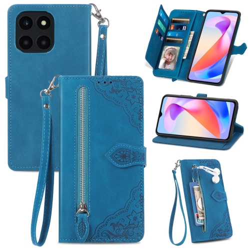 

For Honor X6a Embossed Flower Zipper Leather Phone Case(Blue)