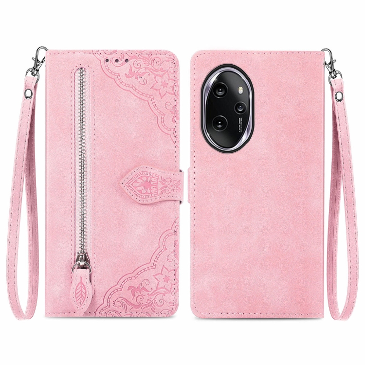 

For Honor 100 Pro Embossed Flower Zipper Leather Phone Case(Pink)