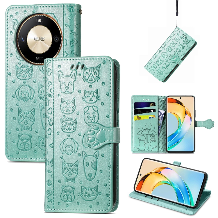 

For Honor X50 Cat and Dog Embossed Leather Phone Case(Green)