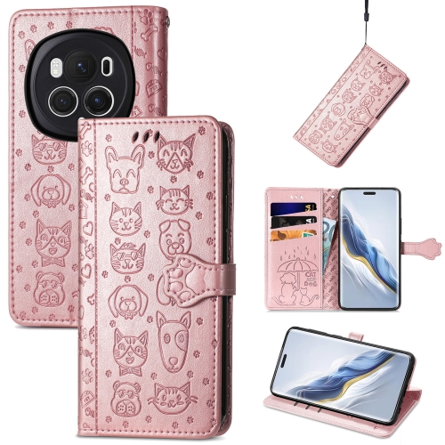 

For Honor Magic6 Pro Cat and Dog Embossed Leather Phone Case(Rose Gold)