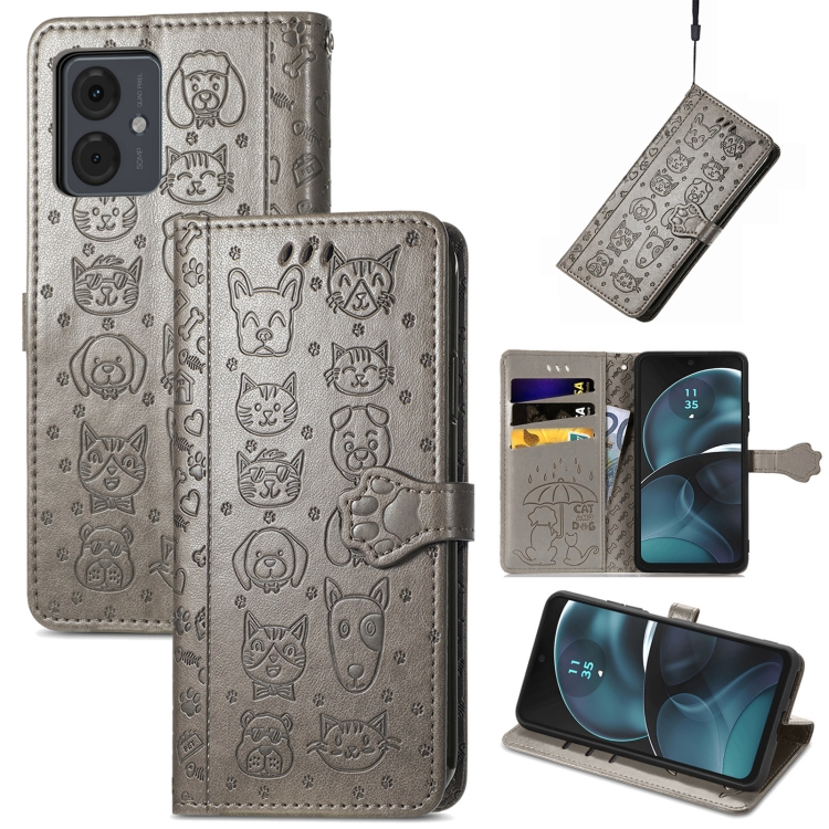 

For Motorola Moto G14 Cat and Dog Embossed Leather Phone Case(Grey)