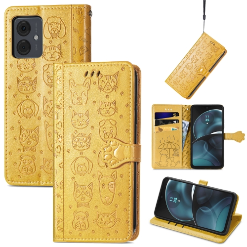 

For Motorola Moto G14 Cat and Dog Embossed Leather Phone Case(Yellow)