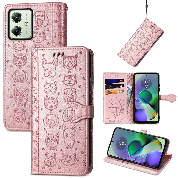 

For Motorola Moto G54 5G Cat and Dog Embossed Leather Phone Case(Rose Gold)