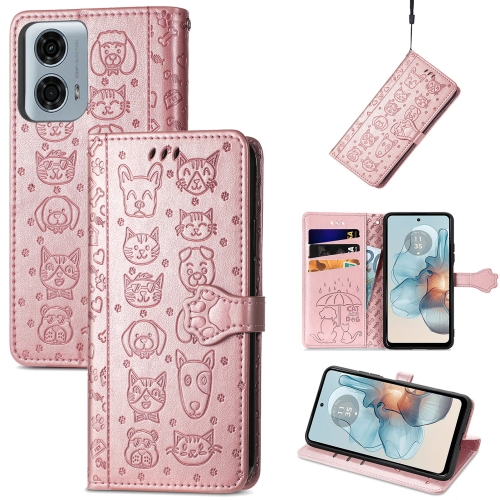 

For Motorola MOTO G24 Power Cat and Dog Embossed Leather Phone Case(Rose Gold)