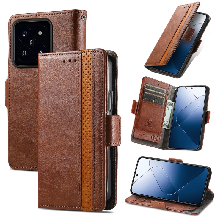 

For Xiaomi 14 CaseNeo Splicing Dual Magnetic Buckle Leather Phone Case(Brown)