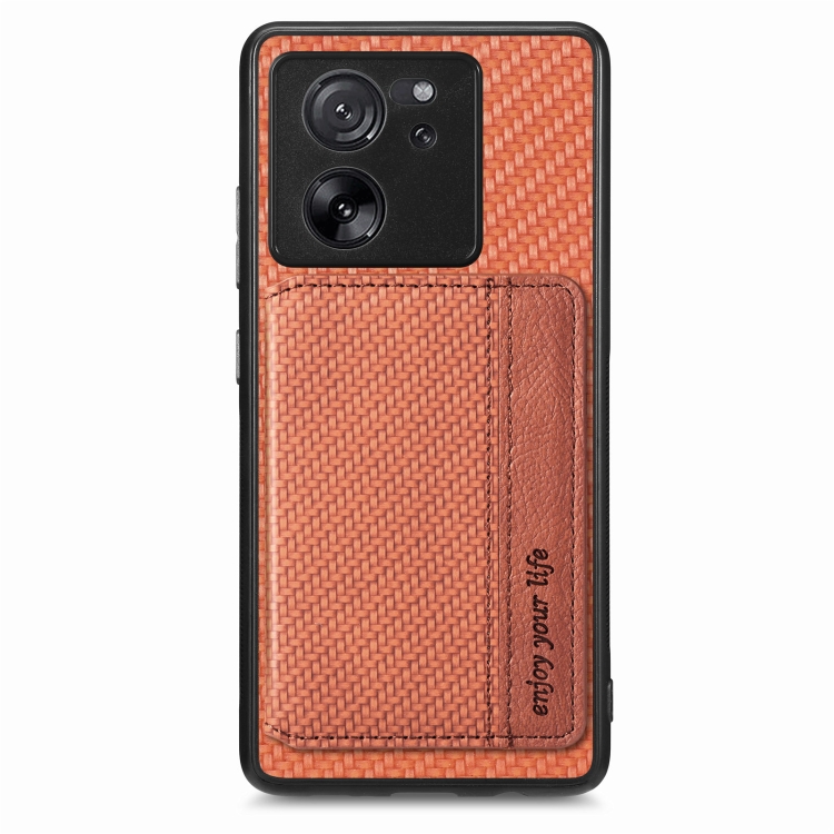 

For Xiaomi 13T / 13T Pro Carbon Fiber Magnetic Card Bag Phone Case(Brown)