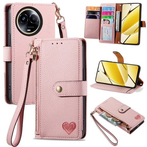 For Realme 5G Global Love Zipper Lanyard Leather Phone Case(Pink)
