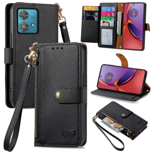 For Motorola Moto G84 Love Zipper Lanyard Leather Phone Case(Black)