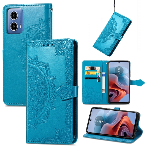 

For Motorola Moto G34 Mandala Flower Embossed Leather Phone Case(Blue)