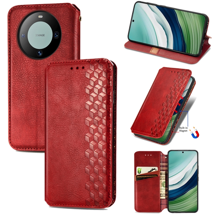 

For Huawei Mate 60 Cubic Grid Pressed Magnetic Leather Phone Case(Red)