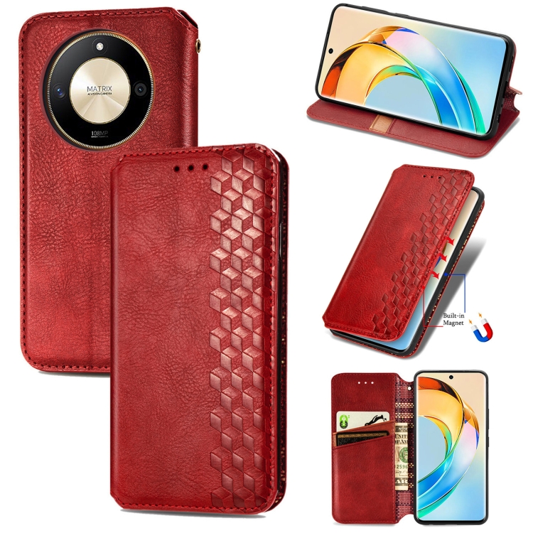 

For Honor X50 Cubic Grid Pressed Magnetic Leather Phone Case(Red)
