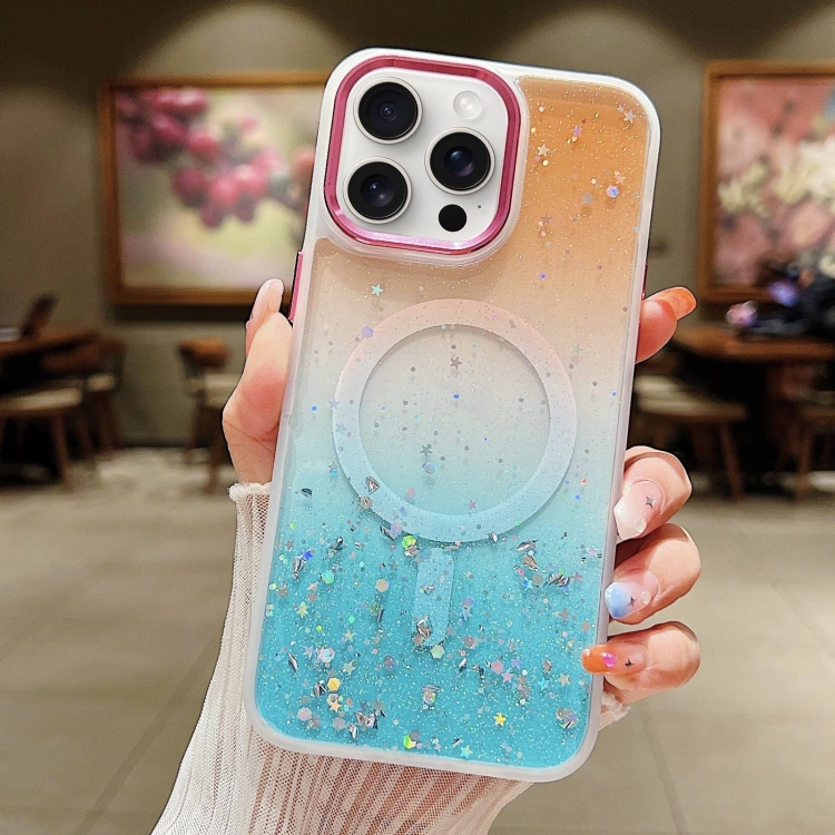 

For iPhone 15 Pro Max Multicolor Gradient Glitter Sequin MagSafe TPU Phone Case(Orange+Green)