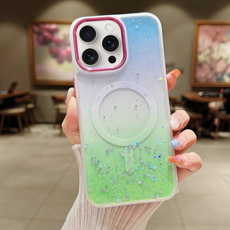 

For iPhone 15 Pro Multicolor Gradient Glitter Sequin MagSafe TPU Phone Case(Blue+Vert Anis)
