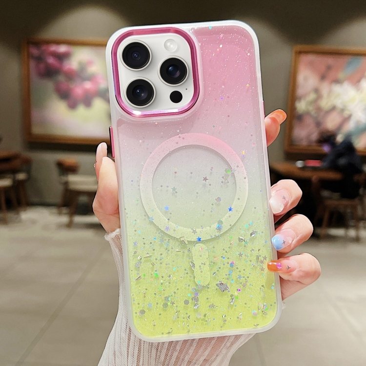

For iPhone 15 Pro Multicolor Gradient Glitter Sequin MagSafe TPU Phone Case(Pink+Yellow)