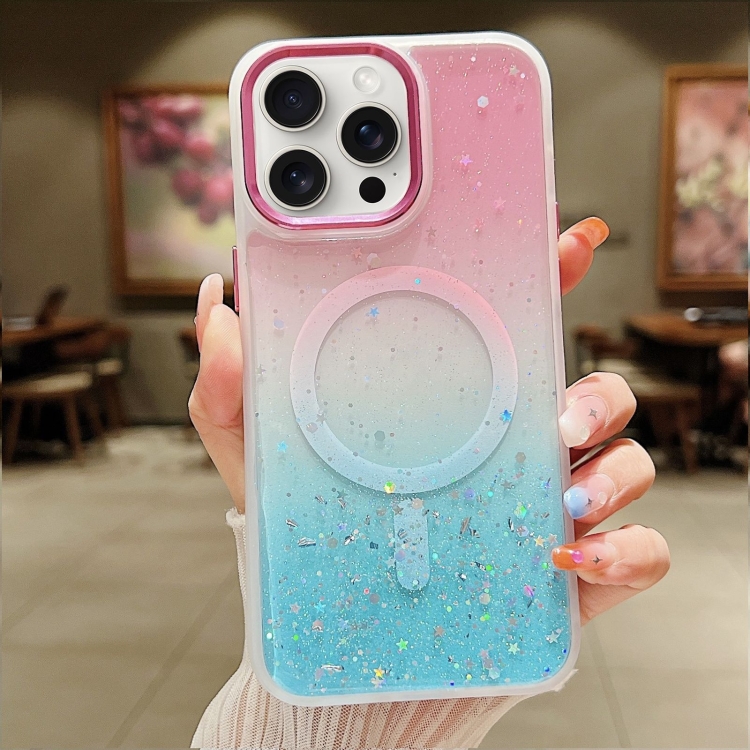 

For iPhone 15 Pro Multicolor Gradient Glitter Sequin MagSafe TPU Phone Case(Pink+Green)