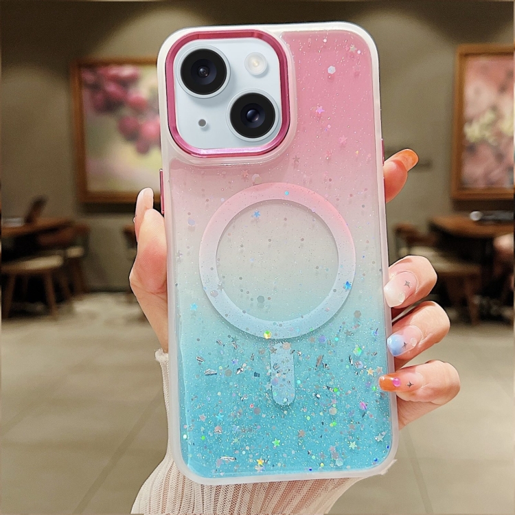 

For iPhone 15 Multicolor Gradient Glitter Sequin MagSafe TPU Phone Case(Pink+Green)