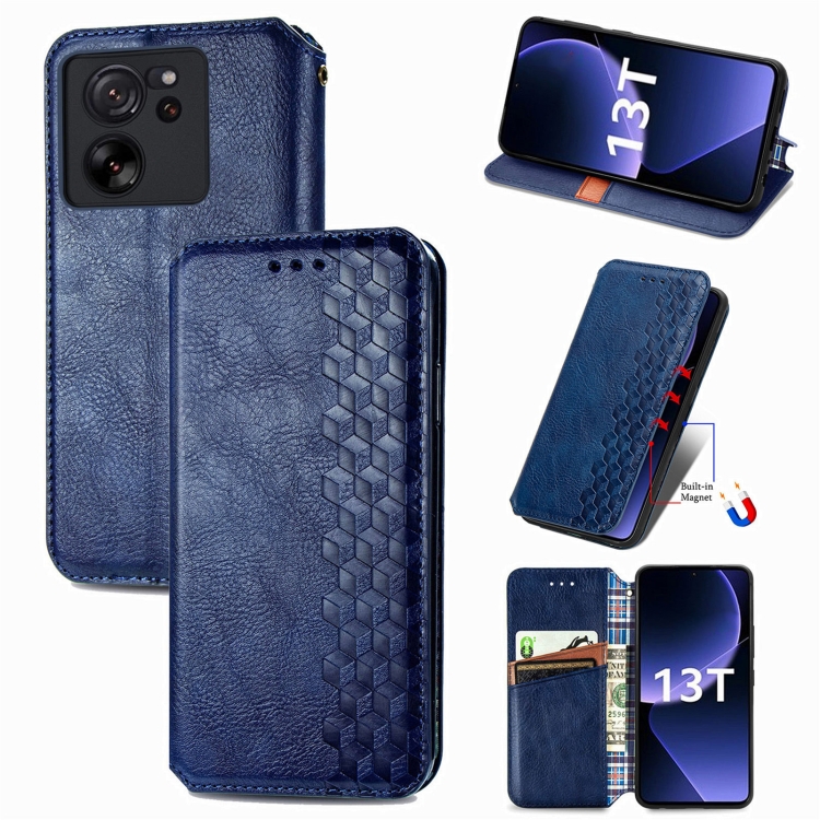 

For Xiaomi 13T / 13T Pro Cubic Grid Pressed Magnetic Leather Phone Case(Blue)