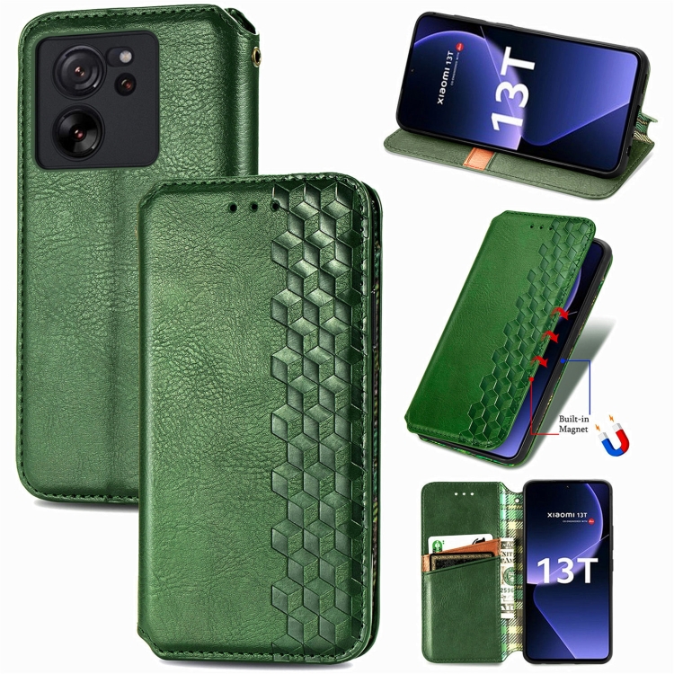 

For Xiaomi 13T / 13T Pro Cubic Grid Pressed Magnetic Leather Phone Case(Green)