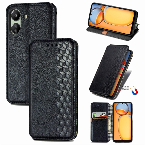 

For Xiaomi Redmi 13C Cubic Grid Pressed Magnetic Leather Phone Case(Black)