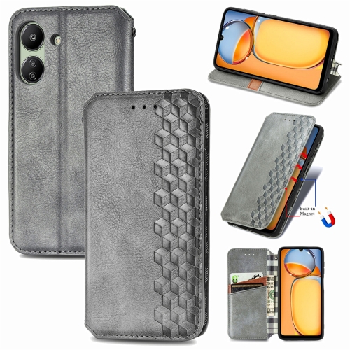 

For Xiaomi Redmi 13C Cubic Grid Pressed Magnetic Leather Phone Case(Grey)