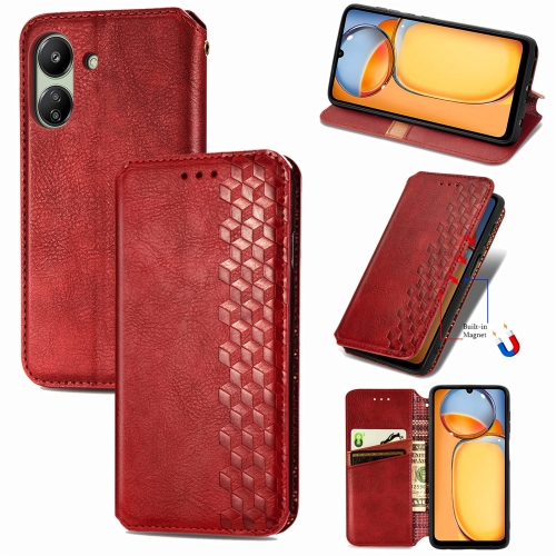 

For Xiaomi Redmi 13C Cubic Grid Pressed Magnetic Leather Phone Case(Red)