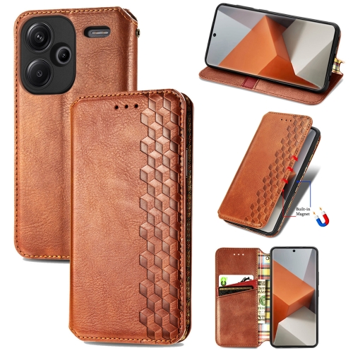 

ForXiaomi Redmi Note 13 Pro+ Cubic Grid Pressed Magnetic Leather Phone Case(Brown)