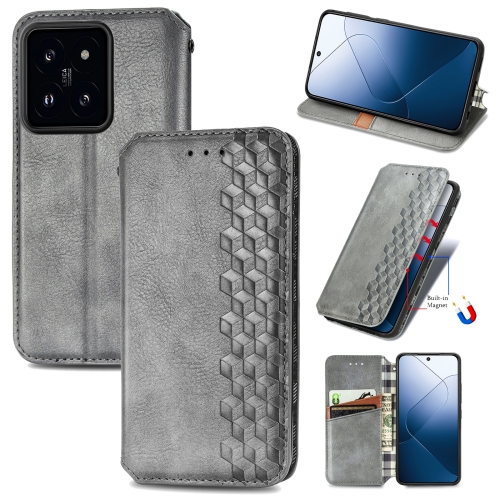 

For Xiaomi 14 Cubic Grid Pressed Magnetic Leather Phone Case(Grey)