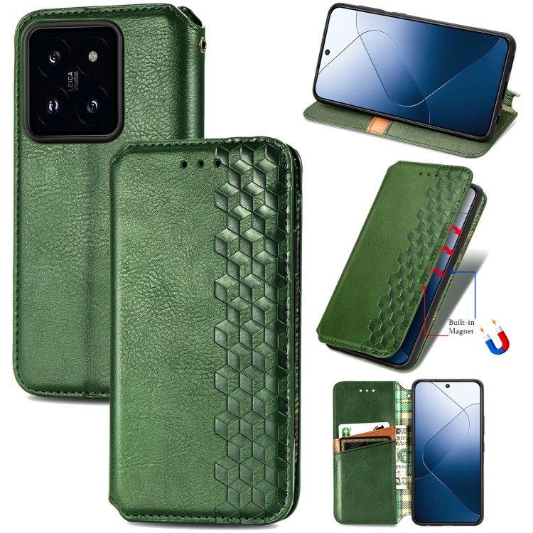 

For Xiaomi 14 Cubic Grid Pressed Magnetic Leather Phone Case(Green)