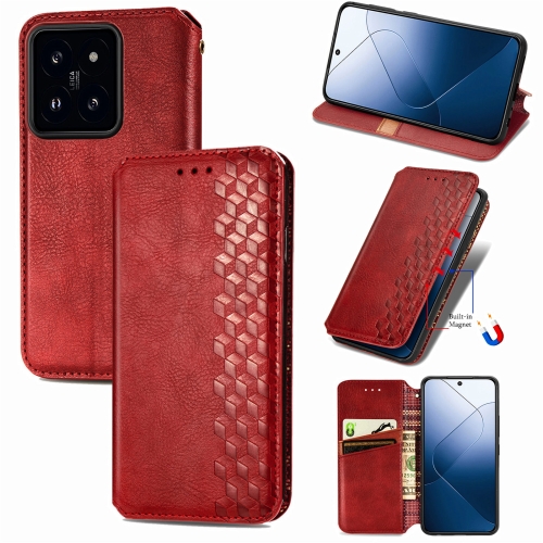 

For Xiaomi 14 Pro Cubic Grid Pressed Magnetic Leather Phone Case(Red)