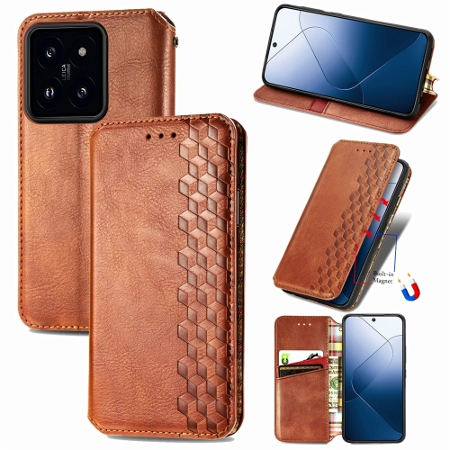 

For Xiaomi 14 Pro Cubic Grid Pressed Magnetic Leather Phone Case(Brown)