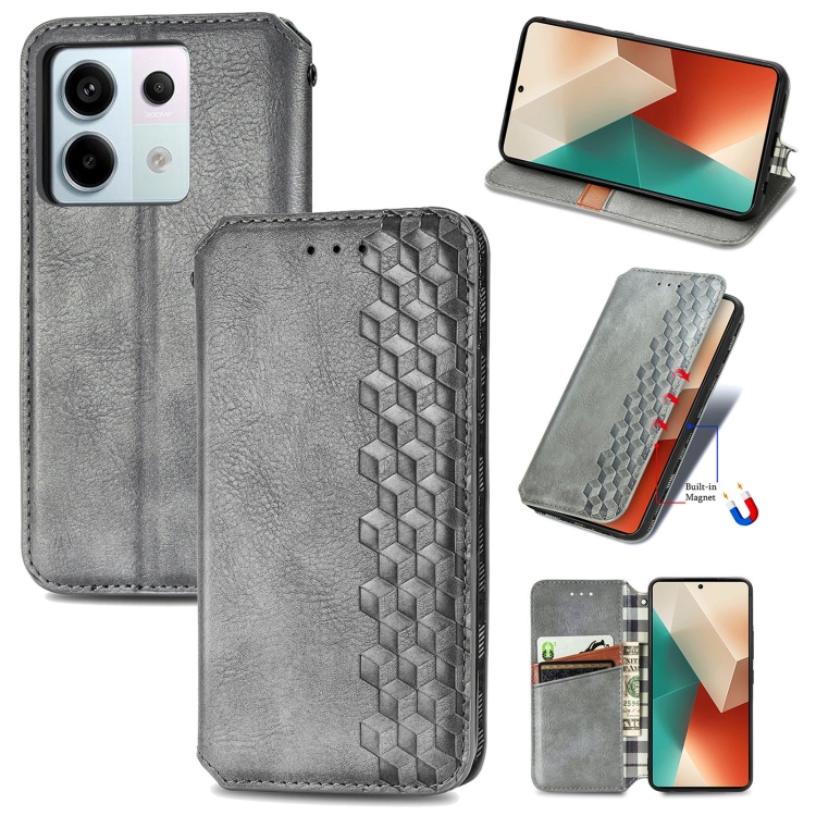 

For Xiaomi Redmi Note 13 Pro Cubic Grid Pressed Magnetic Leather Phone Case(Grey)