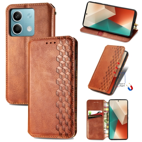 

For Xiaomi Redmi Note 13 Cubic Grid Pressed Magnetic Leather Phone Case(Brown)