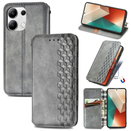 

For Xiaomi Redmi Note 13 4G Cubic Grid Pressed Magnetic Leather Phone Case(Grey)