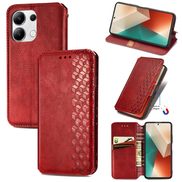 

For Xiaomi Redmi Note 13 4G Cubic Grid Pressed Magnetic Leather Phone Case(Red)