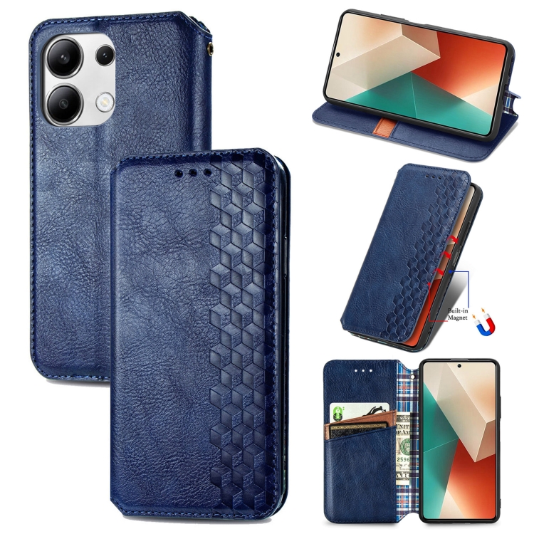 

For Xiaomi Redmi Note 13 4G Cubic Grid Pressed Magnetic Leather Phone Case(Blue)
