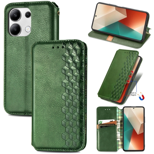 

For Xiaomi Redmi Note 13 4G Cubic Grid Pressed Magnetic Leather Phone Case(Green)