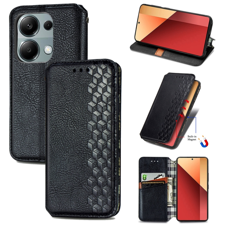

For Xiaomi Redmi Note 13 Pro 4G Cubic Grid Pressed Magnetic Leather Phone Case(Black)